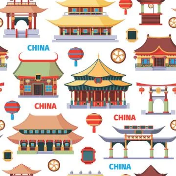 Chinese oriental architecture seamless pattern. Ancient Asian ethnic temples and Ilustração Stock