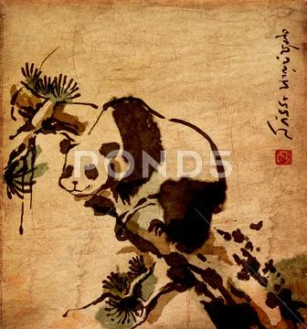 Chinese painting animal panda.Panda classic ink with brush stroke style Stock Illustration