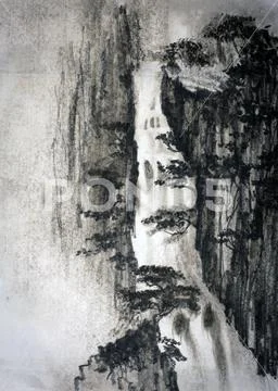 Chinese painting waterfall Stock Illustration