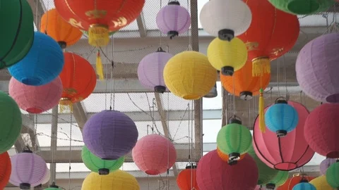 Chinese paper lantern pendent on the ceiling swaying with the wind 스톡 동영상 108728240