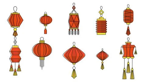 Chinese paper lanterns set. Flat vector color icons. Illustrazione stock