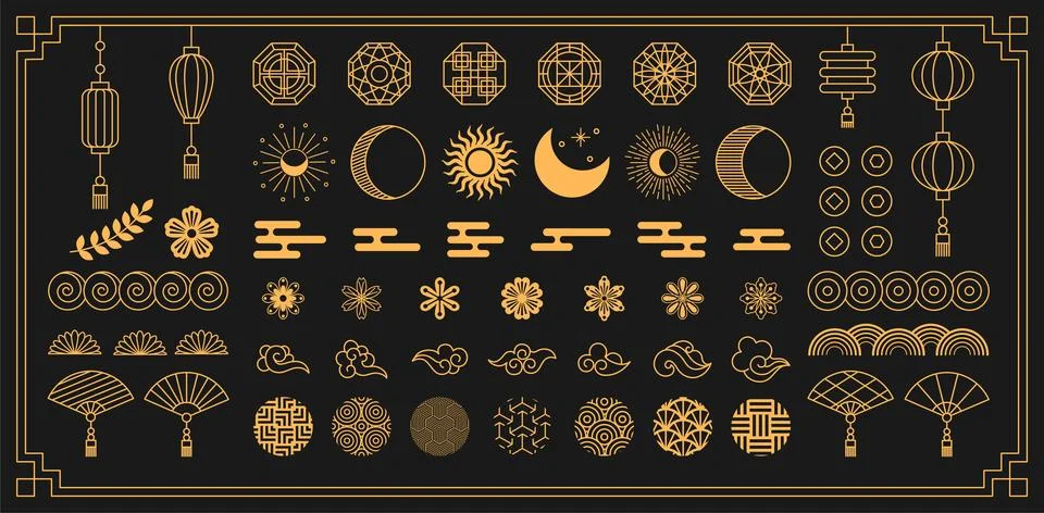 Chinese pattern element. Cloud Japanese, Asian flower, sun moon and orienta.. Illustrazione stock