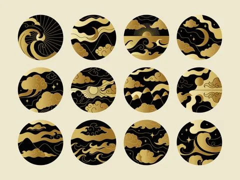 Chinese pattern. Japanese gold Sun and clouds, oriental tattoo ornament or Asian Stock Illustration