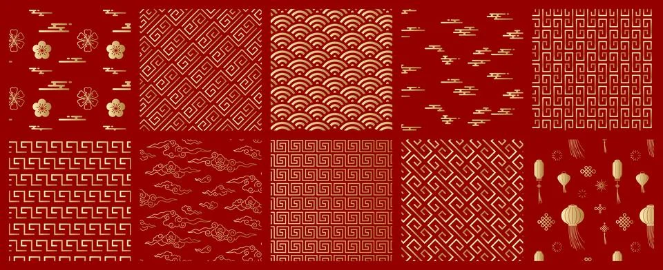 Chinese pattern set, red Asian background, gold wallpaper イラスト素材