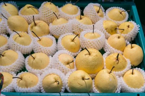 Chinese pear as  Pattern Background in white Foam Cover in Plastic Crate Stock Photos