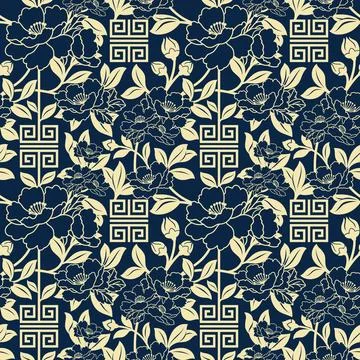 Chinese peony seamless pattern in deep navy and gold. Stock Illustration