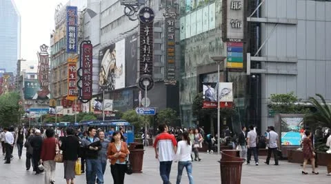 Chinese People Shop Nanjing Road Shanghai China Pedestrian Shopping Street Mall Stock Footage