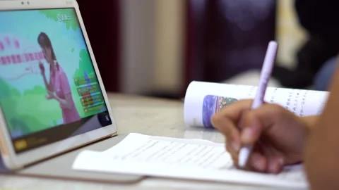 Chinese primary school students study online and do summer homework Stock Footage 164634866
