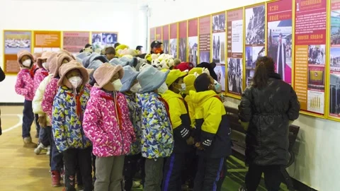 Chinese primary school students visit the art exhibition Stock Footage 243046350