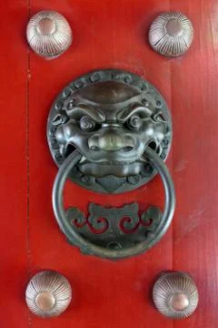 Chinese Red Door with a Lion/dragon head Stock Photos