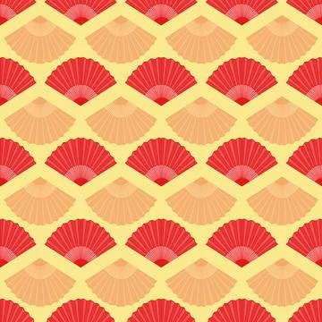 Chinese red fan vector repeat pattern design on yellow background Stock Illustration