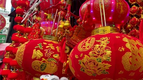 Chinese red lantern decorations symbolizing wealth and happiness. Lunar New Year Stock Footage 258658878