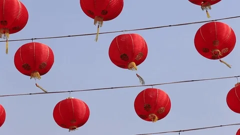 Chinese red lantern. Hanging from electrical wires. Chinatown, Bangkok, Thailand Stock Footage 83335522
