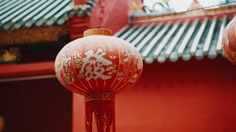 Chinese red lantern swinging at temple Stock Footage 343710488