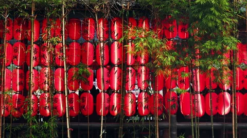 Chinese Red lanterns with bamboo Stock Footage 250826826