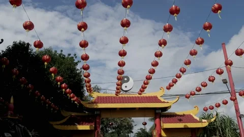 Chinese red lanterns decorations hanging at Lunar New Year Stock Footage 136020354