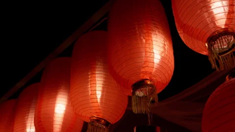 Chinese red lanterns hung high Stock Footage 257977489