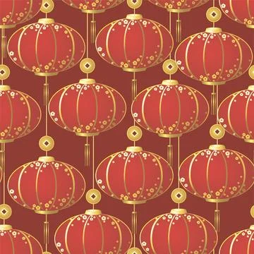 Chinese red lanterns on red background seamless pattern Illustrazione stock