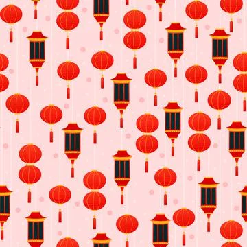 Chinese red lanterns seamless pattern on pink background in cartoon style for Stock Illustration