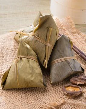 Chinese rice dumpling on set up background Stock Photos