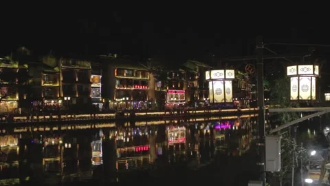 Chinese Riverside Night with Traditional Architecture Stock Footage 167621650