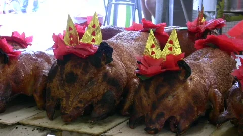 Chinese roasted pig for offering in traditional festival Stock Footage
