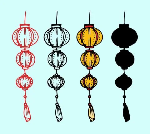 Chinese round-shaped lanterns. a set of isolated elements of a Japanese street Stock Illustration