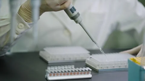 Chinese scientist pipetting samples in laboratory,4K Stock Footage 238599399