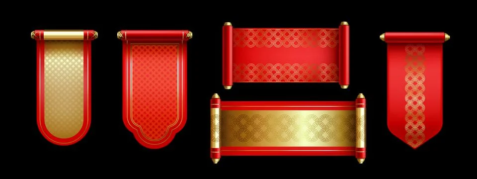 Chinese scroll paper banners with patterns 스톡 일러스트