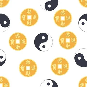 Chinese seamless pattern with feng shui chinese coin with hole, yin yang symb Stock Illustration