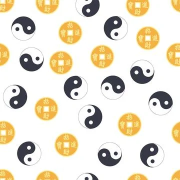 Chinese seamless pattern with feng shui chinese coin with hole, yin yang symb Stock Illustration