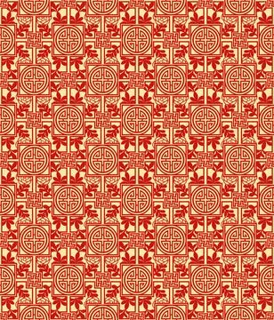 Chinese Seamless Pattern with Longevity Shou Symbol and Geometric Lattice Stock Illustration