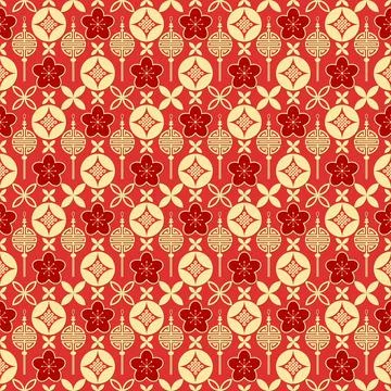 Chinese Seamless Pattern with Traditional Lanterns and Plum Blossoms Stock Illustration