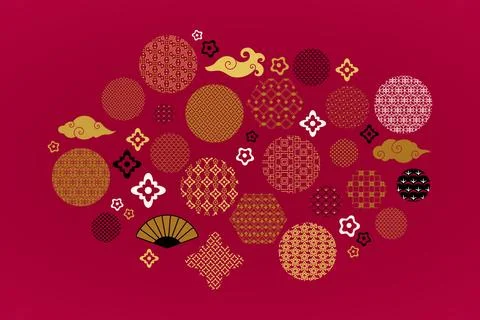 Chinese Set Of Round Hexagonal And Floral Elements Stock Illustration
