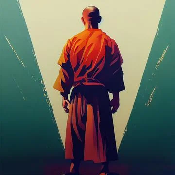 Chinese Shaolin monk back view, cover page design, digital illustration Stock Illustration