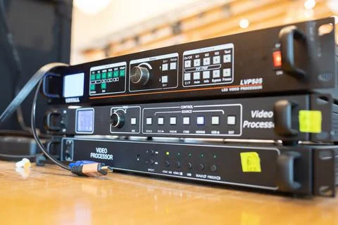Chinese stage video processor, lighting equipment controller and power amplifier Stock Photos