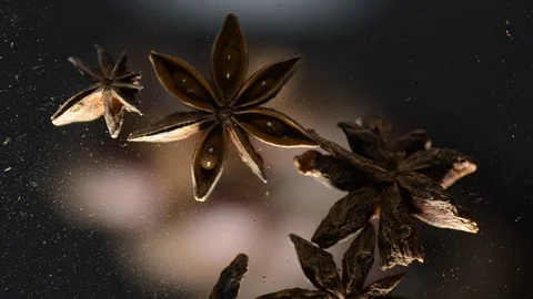 Chinese star anise falling down to the mirror worm's eye view angle shot. Stock Footage 86408896