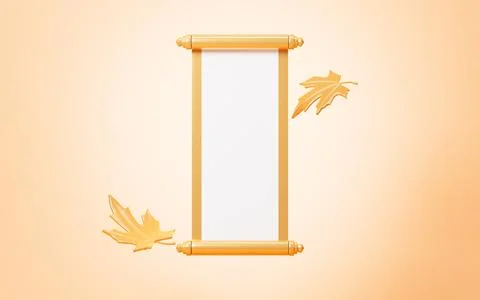 Chinese style empty scroll and golden maple leaves, 3d rendering. Stock Illustration