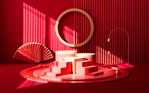 Chinese style empty stage with interior geometric architecture, 3d rendering. Stock Illustration