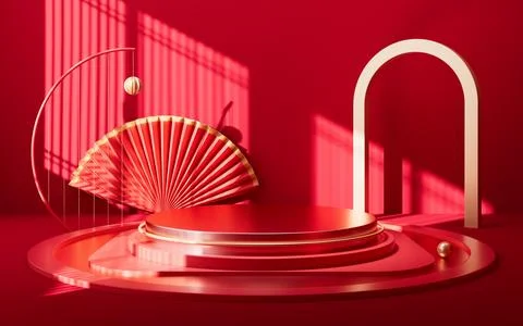 Chinese style empty stage with interior geometric architecture, 3d rendering. Stock Illustration