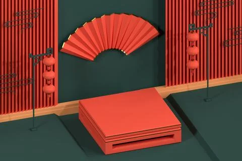 Chinese style end table and decorative background, 3d rendering. Stock Illustration