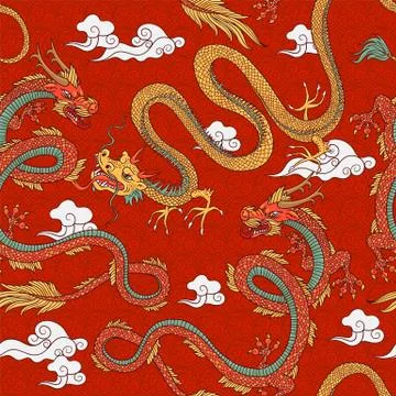 Chinese style seamless pattern with dragons cartoon vector illustration on red. イラスト素材