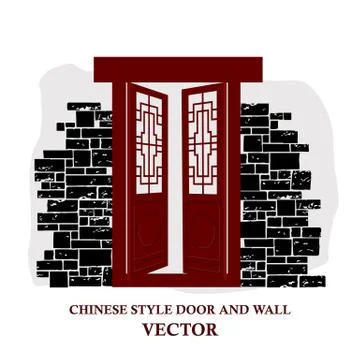 Chinese style window tracery pattern door and wall. Illustrazione stock