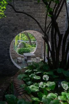 Chinese style yard stone table and chair Stock Photos
