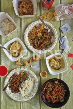 Chinese Take Out Food Spread on a Table; From Above Stock Photos