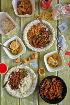 Chinese Take Out Food Spread on a Table; From Above Fotos Stock