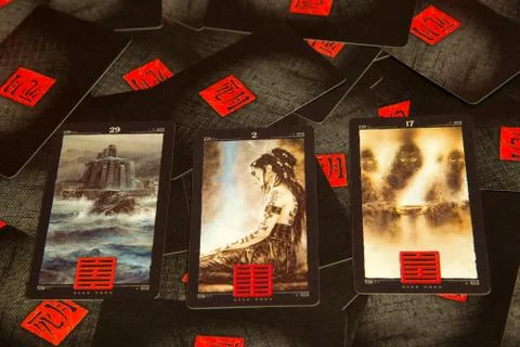 Chinese tarot cards with hexagrams. Stock Photos