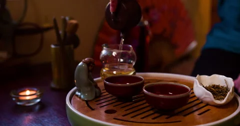 Chinese tea ceremony. Tea master pouring tea into small cups.  Видео 101031489