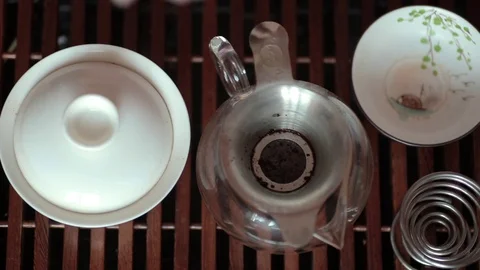 Chinese tea ceremony on tea table, close up, toned video Stock Footage 83196771