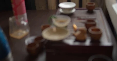 Chinese tea ceremony, tea teble and chinese cups Stock Footage 124356760